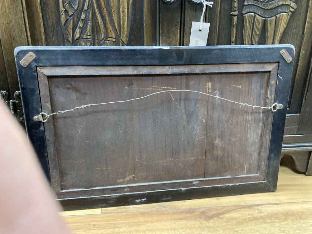 19th century Chinese School, reverse painted glass panel, Figures on a balcony, 24 x 45cm, original hardwood frame